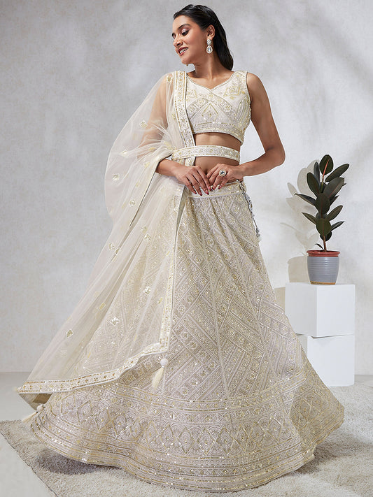 Cream Net Cutdana, Sequins and Zarkan embroidery Lehenga