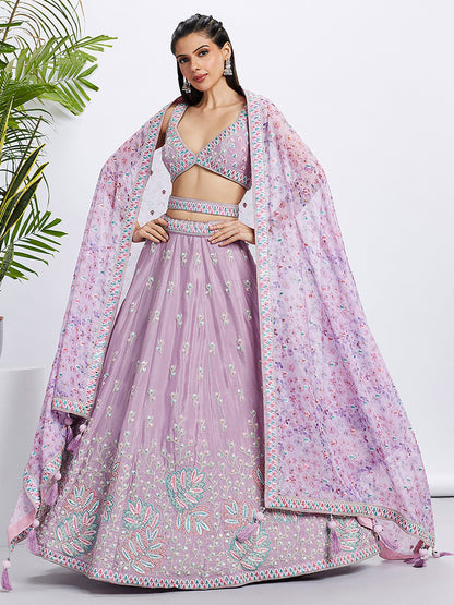 Lavender Pure Chiffon Sequins and thread embroidery Lehenga