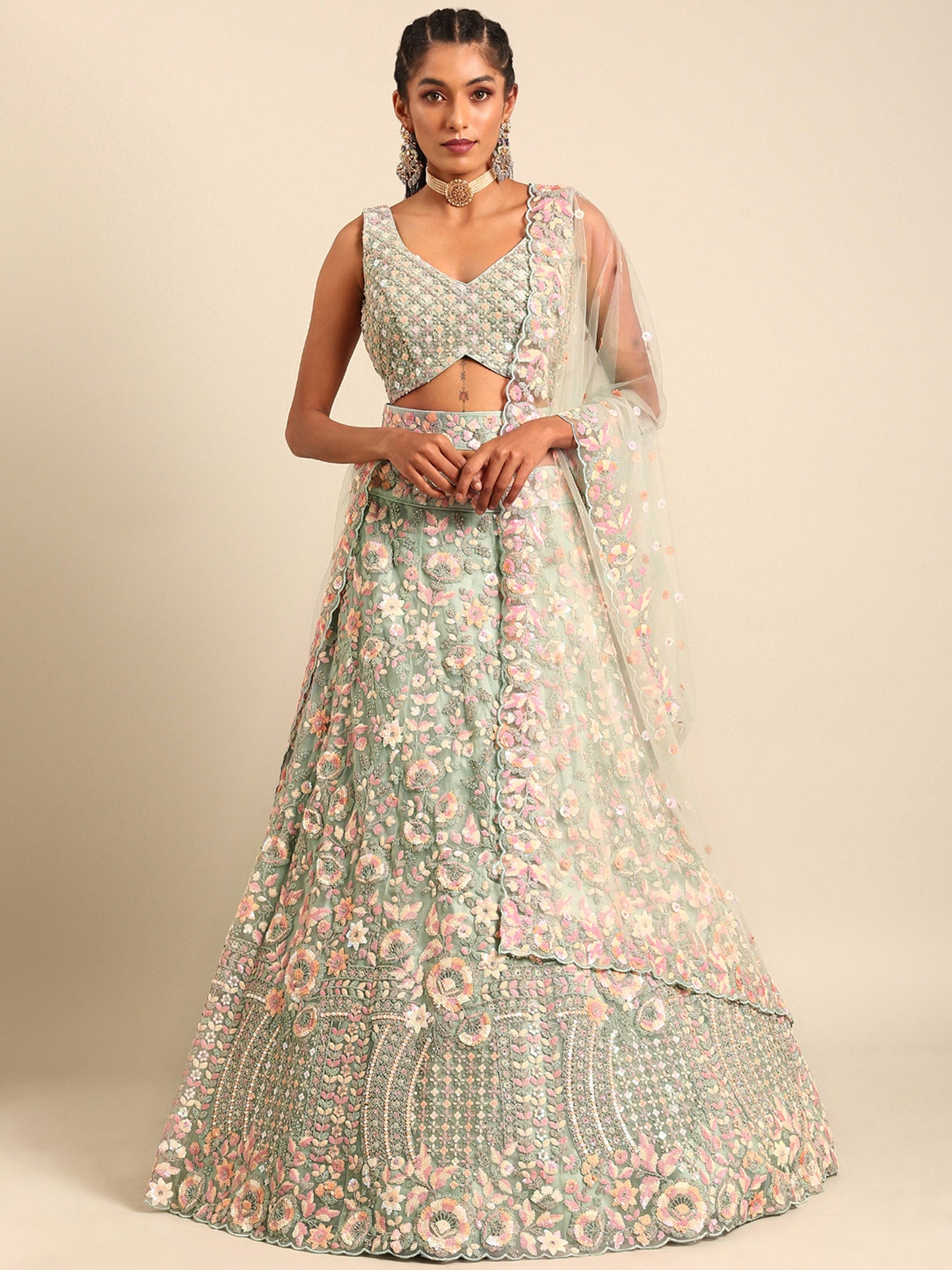 Sea green Net Multi Sequins& Zarkan embroidery Lehenga