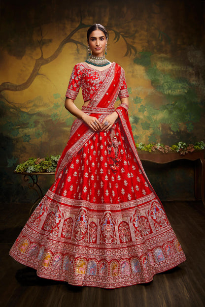 Red Pure Silk Moti & Zarkan heavy embroidery Lehenga