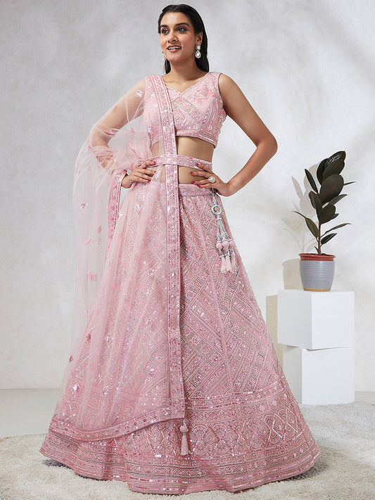 Pink Net Cutdana, Sequins and Zarkan embroidery Lehenga