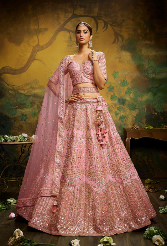 Coral Pure Silk Moti & Zarkan heavy embroidery Lehenga