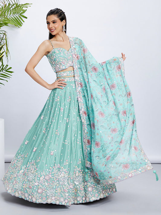 Sea green Chiffon Sequins and thread embroidery Lehenga