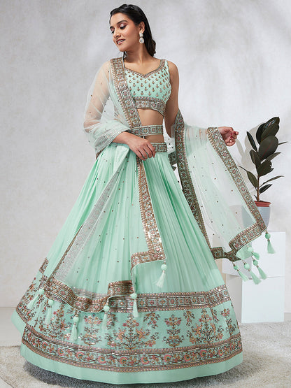 Sea Green Georgette Sequins and thread embroidery Lehenga