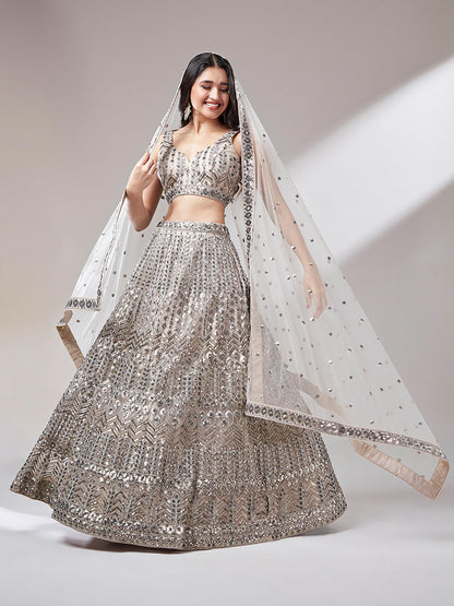 Beige Net Mirror & Sequins Embroiderey Lehenga