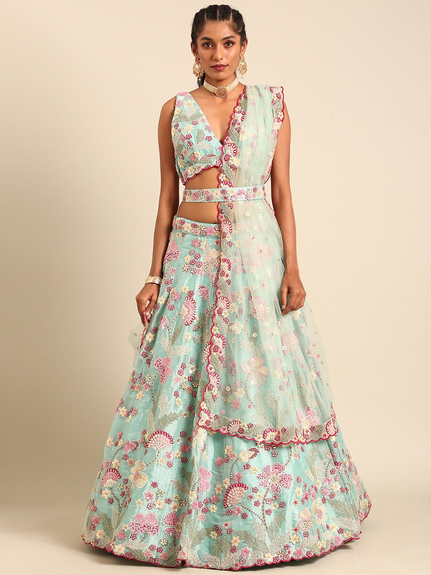 Turquoise Blue Organza Sequins and Zarkan embroidery Lehenga