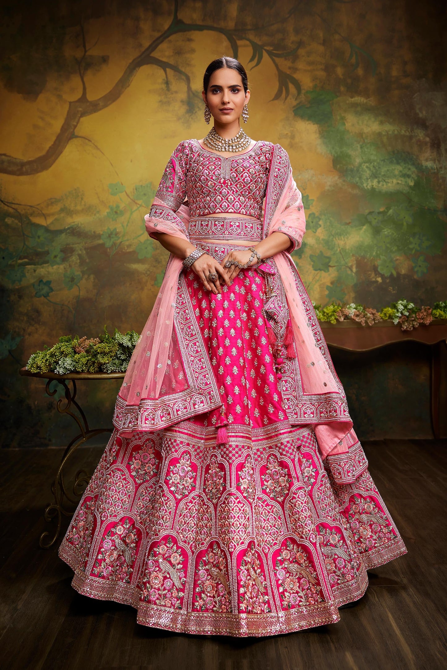 Pink Pure Silk Moti & Zarkan heavy embroidery Lehenga