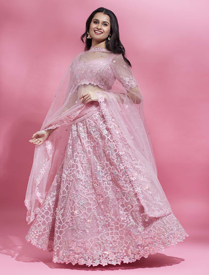 Pink Color Net Sequins Work Lehenga