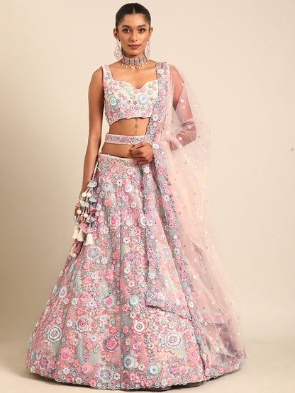 Cream Net Sequins, Mirror and thread embroidery Lehenga