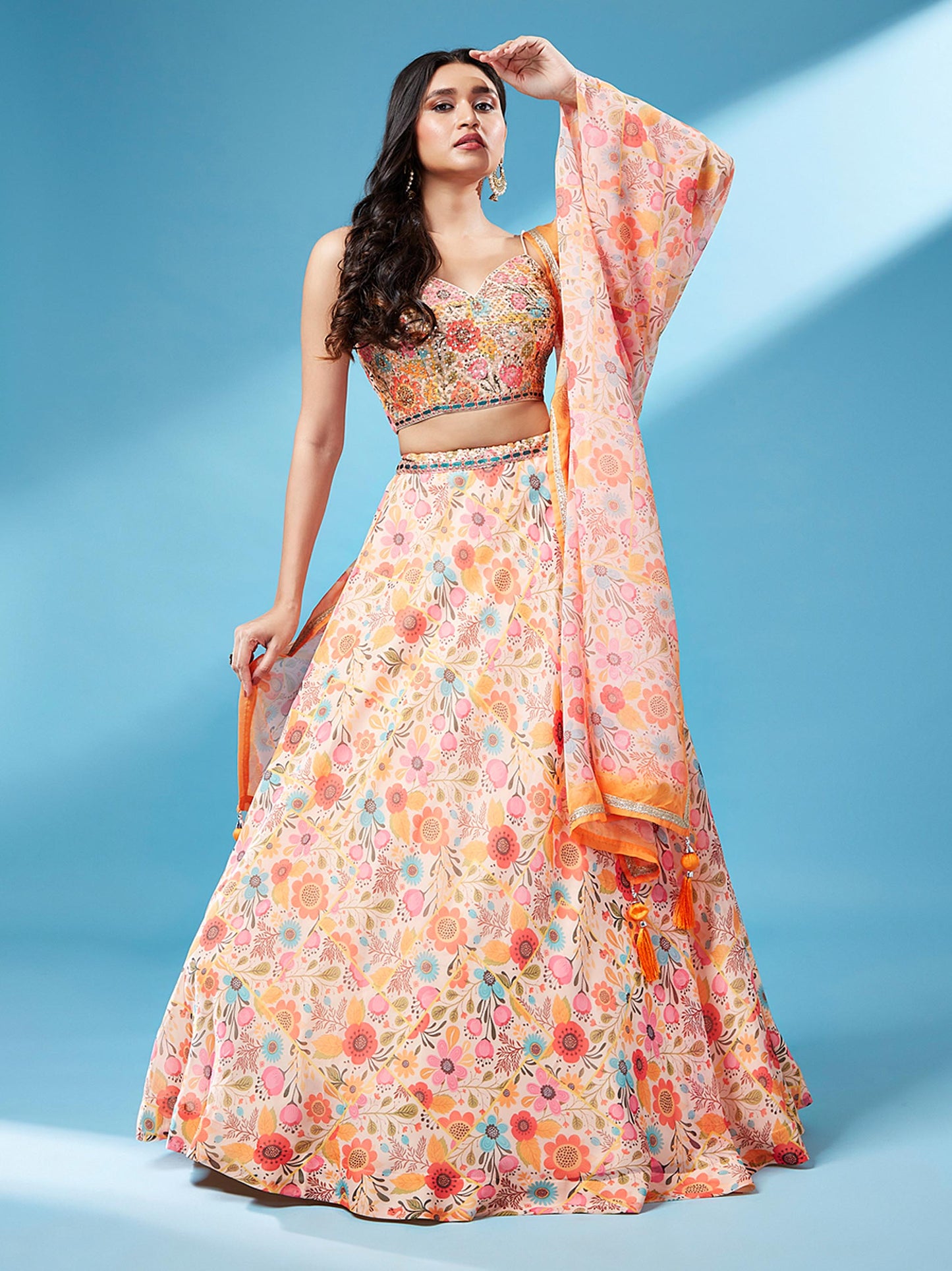 Orange Organza Floral Printed Lehenga choli & Dupatta