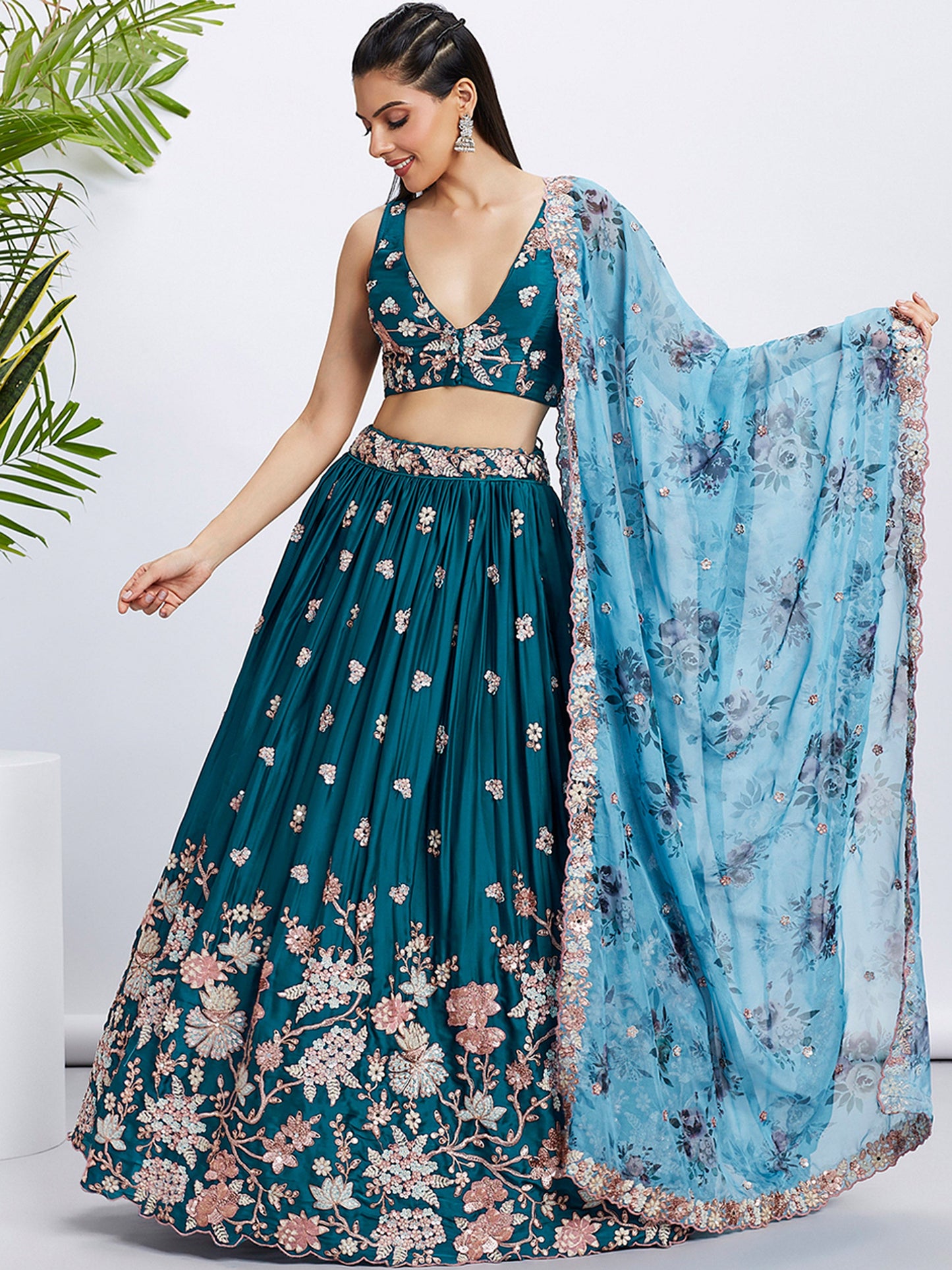 Teal Pure Georgette Sequins and thread embroidery Lehenga