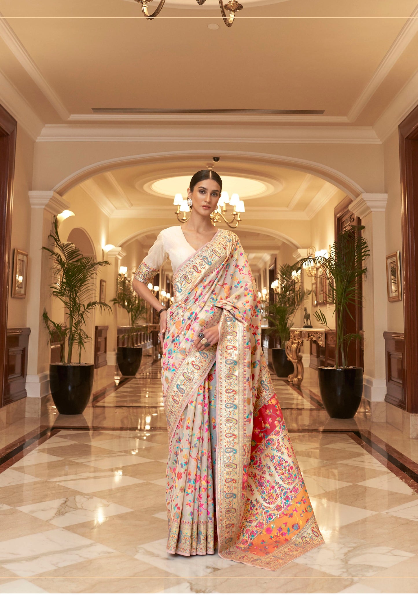 Off-White Kashmiri Silk Woven Saree