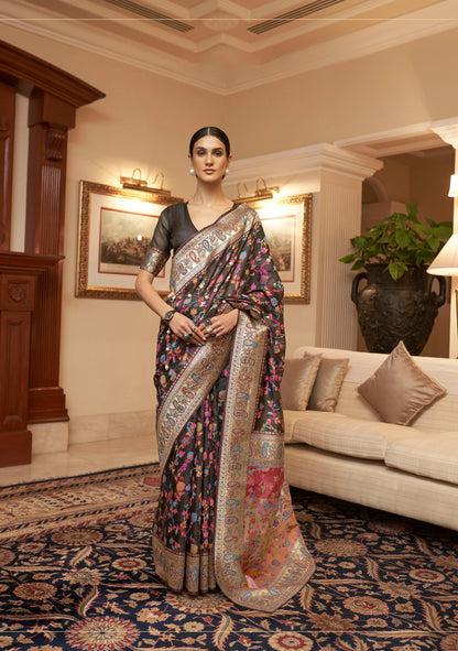 Black Kashmiri Silk Woven Saree