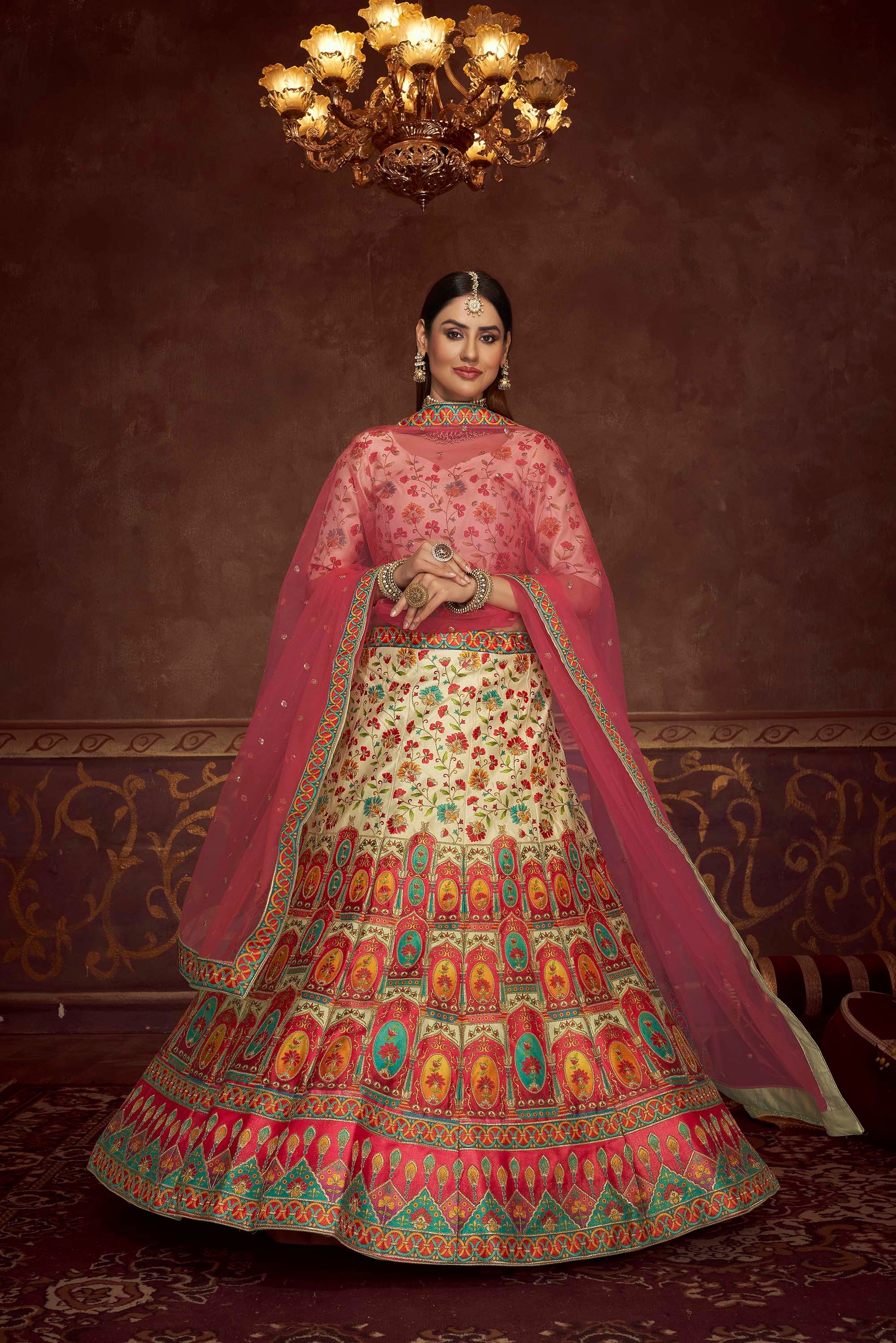 Peach Swarovski Silk Wedding Guest Lehenga Choli 2024