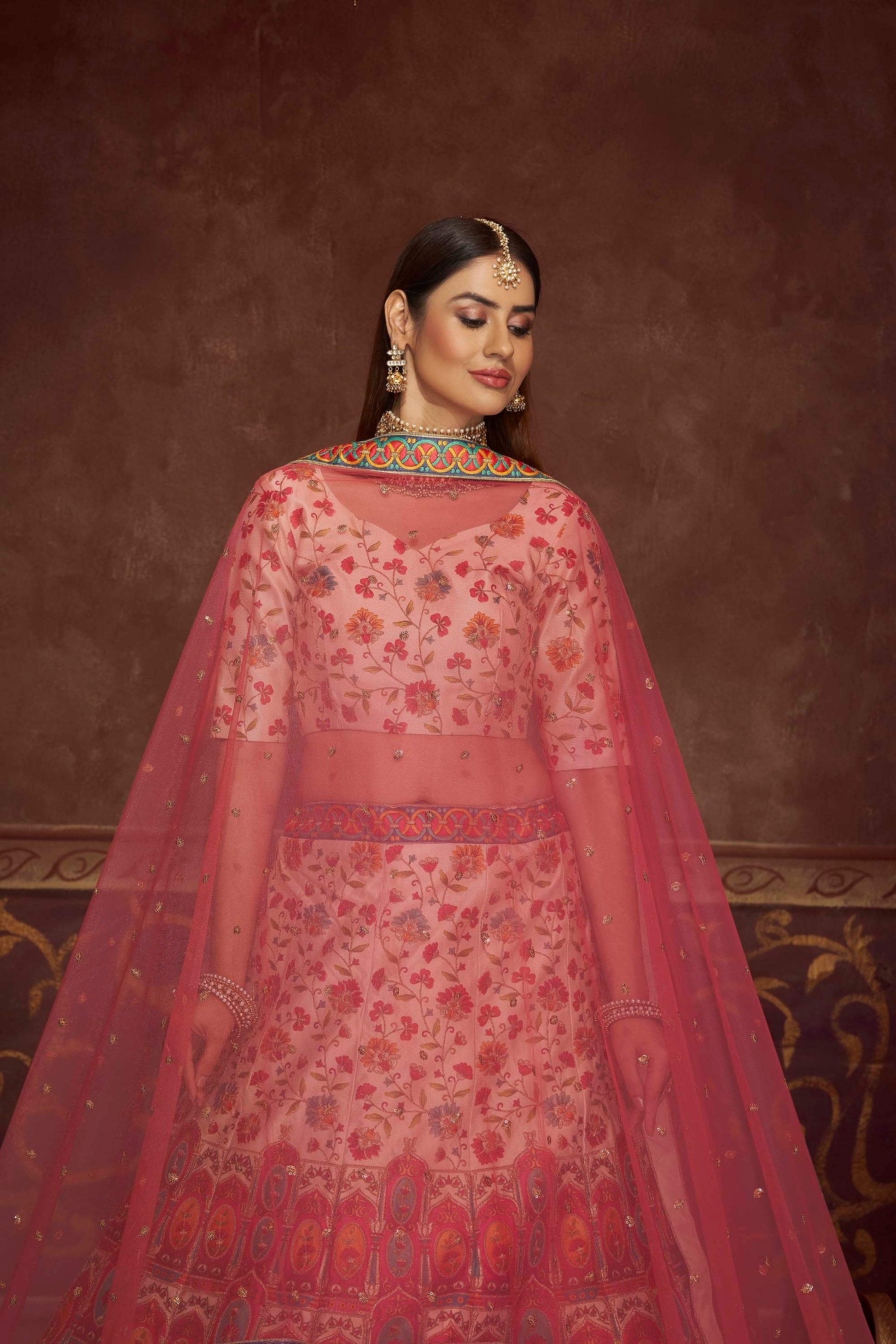 Peach Swarovski Silk Wedding Guest Lehenga Choli 2024