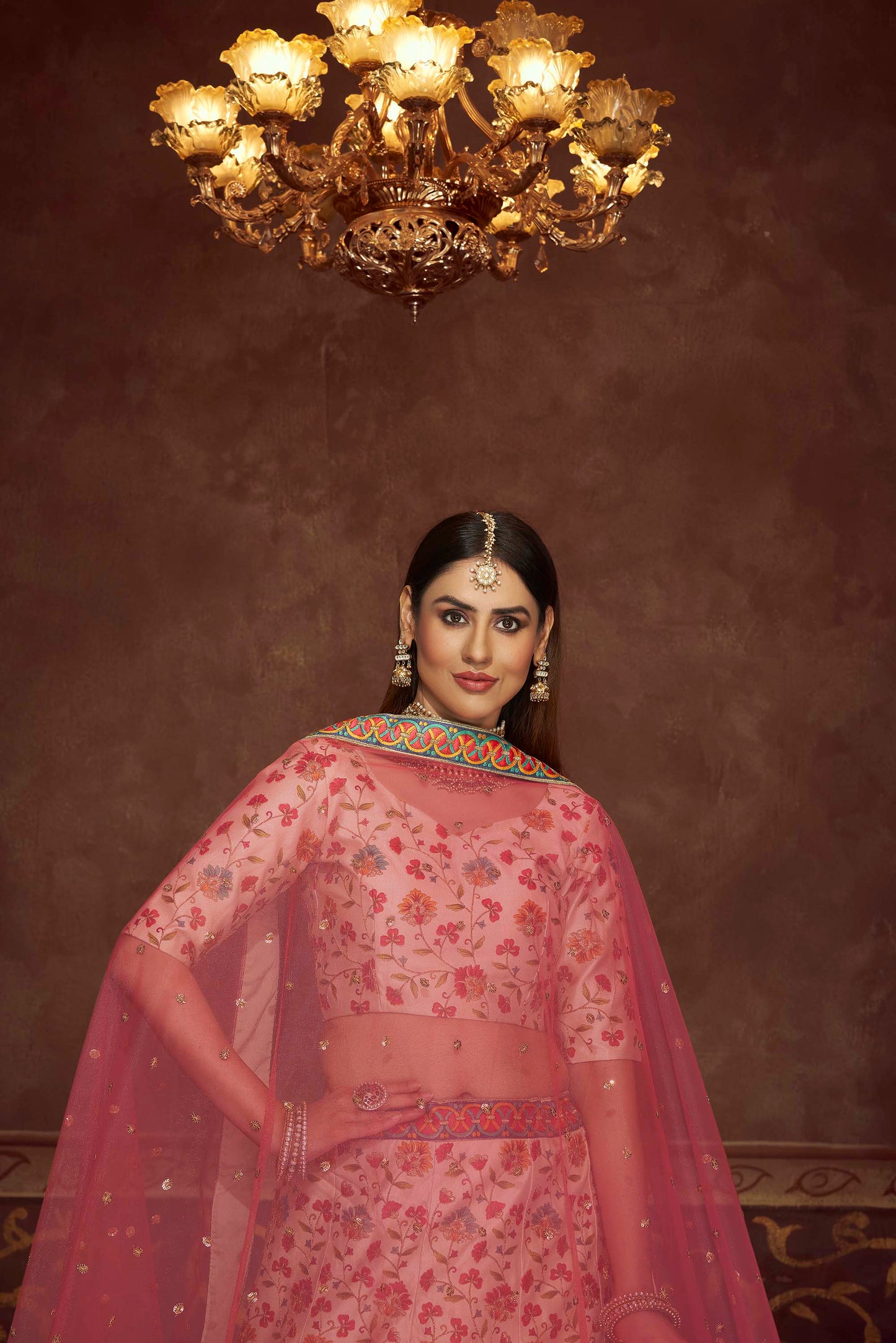 Peach Swarovski Silk Wedding Guest Lehenga Choli 2024