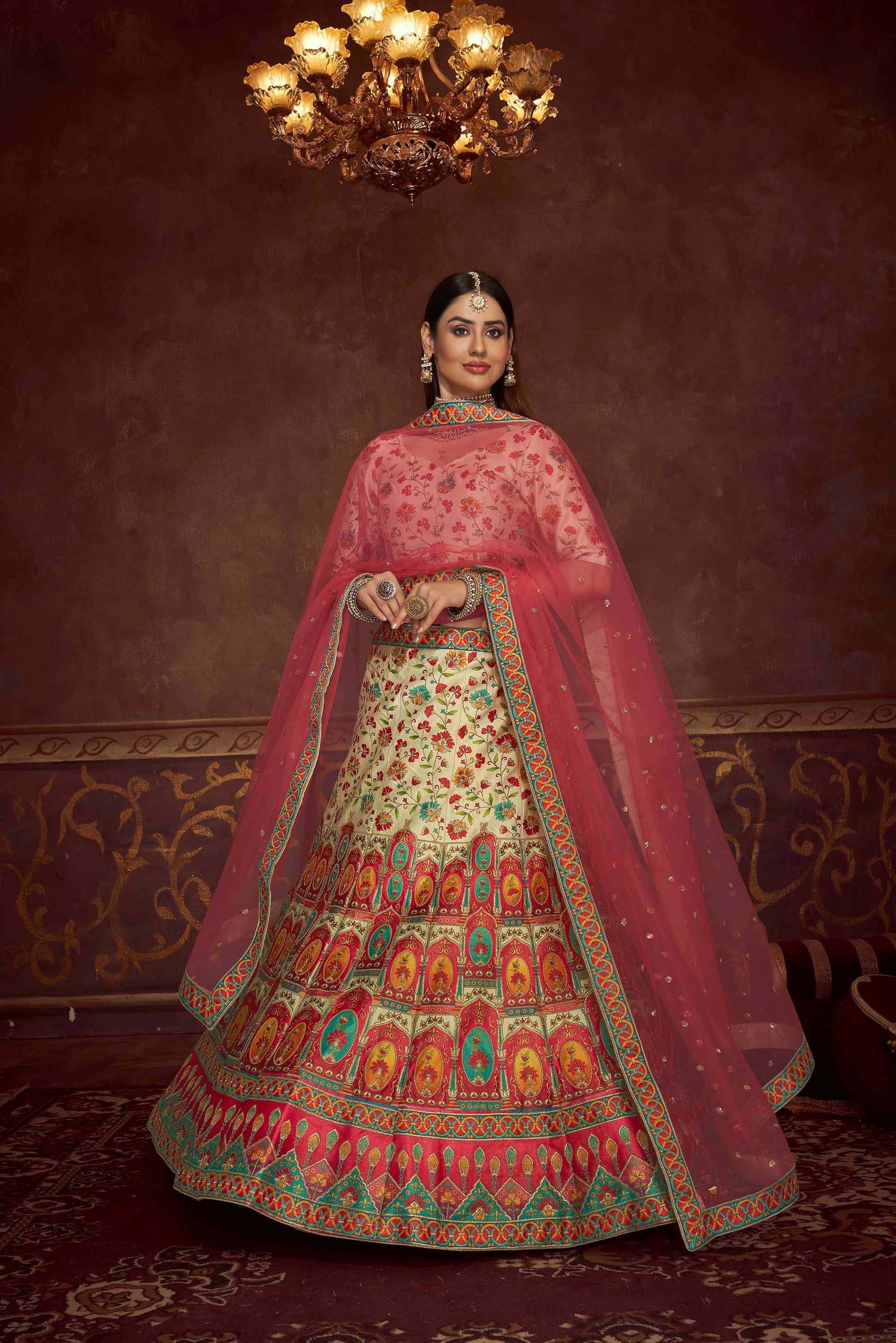 Peach Swarovski Silk Wedding Guest Lehenga Choli 2024