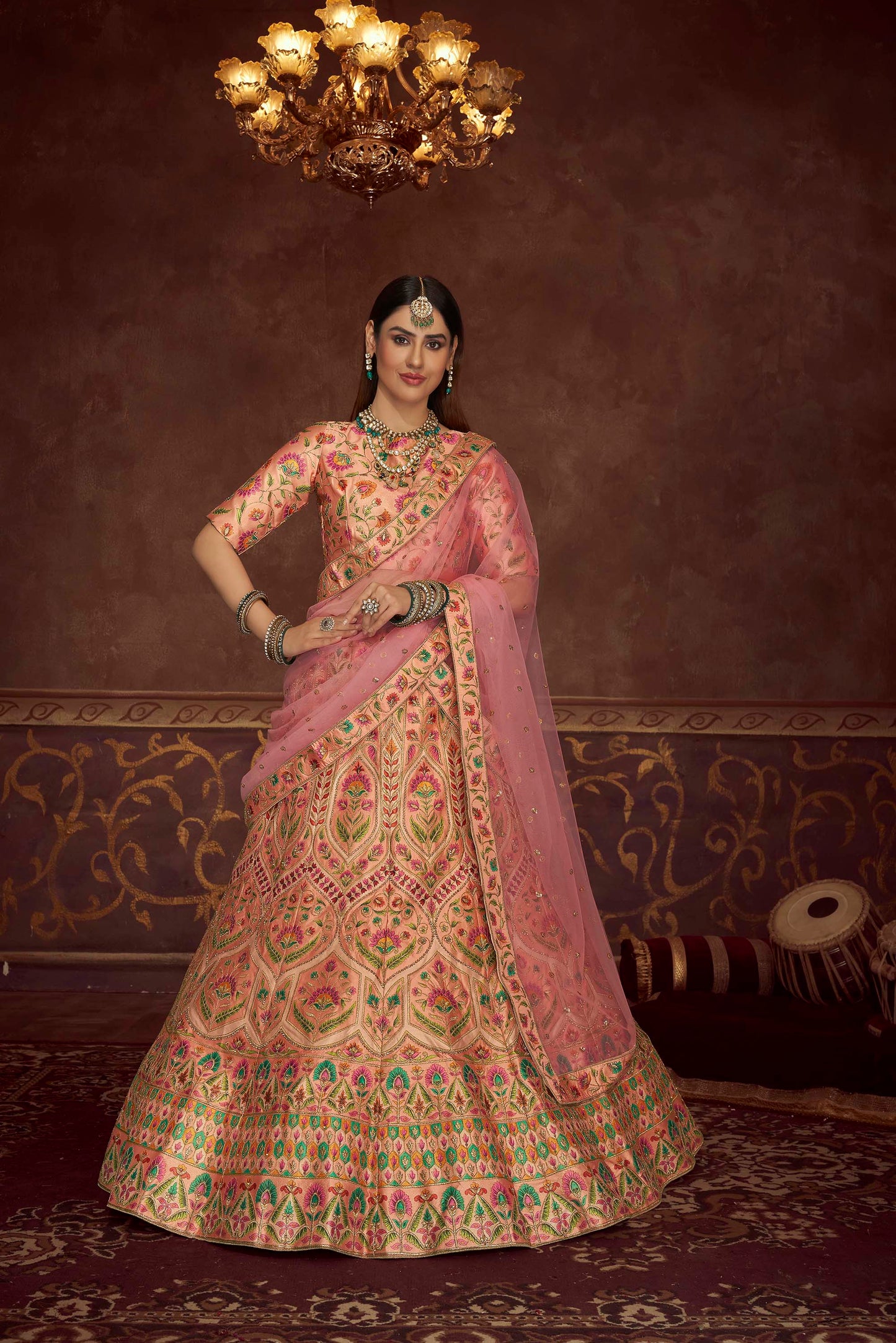 Peach Pink Diamond Work Art Silk Lehenga