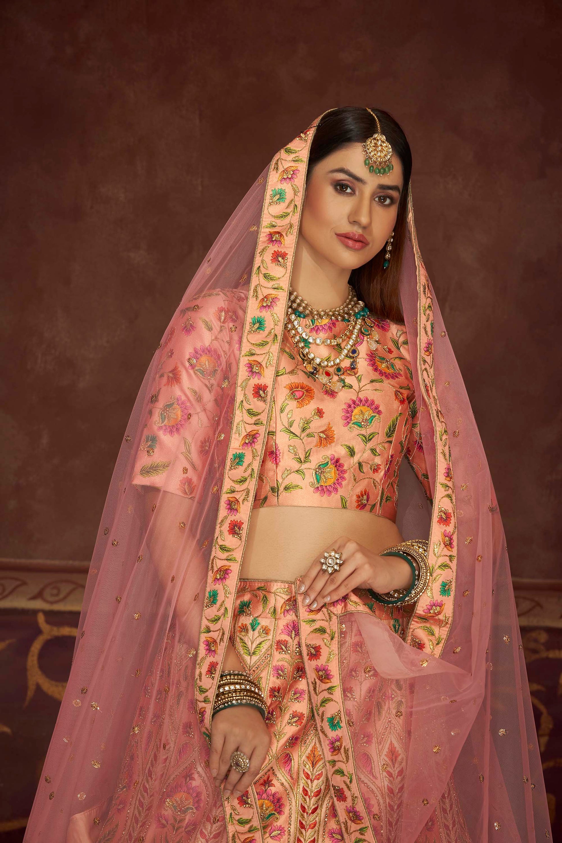 Peach Pink Diamond Work Art Silk Lehenga