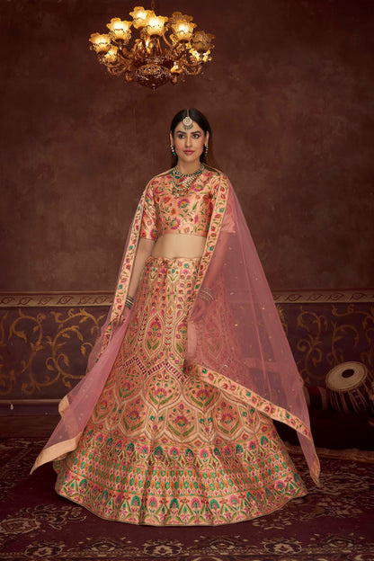 Peach Pink Diamond Work Art Silk Lehenga