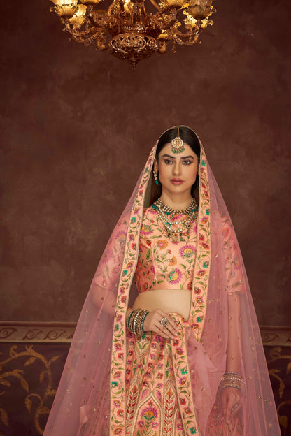 Peach Pink Diamond Work Art Silk Lehenga