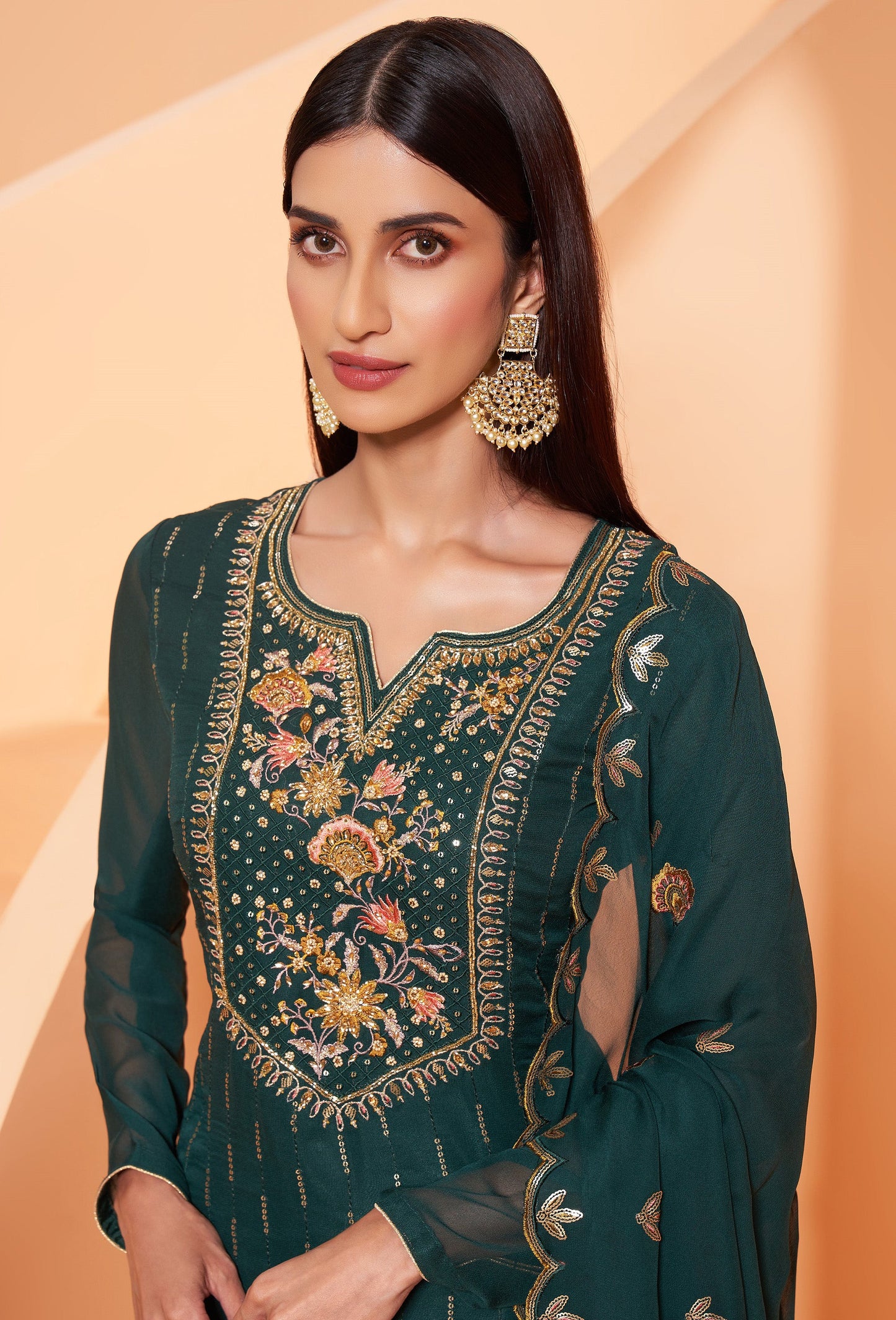 Dark Green Thread Embroidery Georgette Sharara for Mehendi