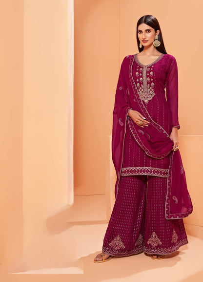 Dark Pink Thread Embroidery Georgette Sharara for Sangeet