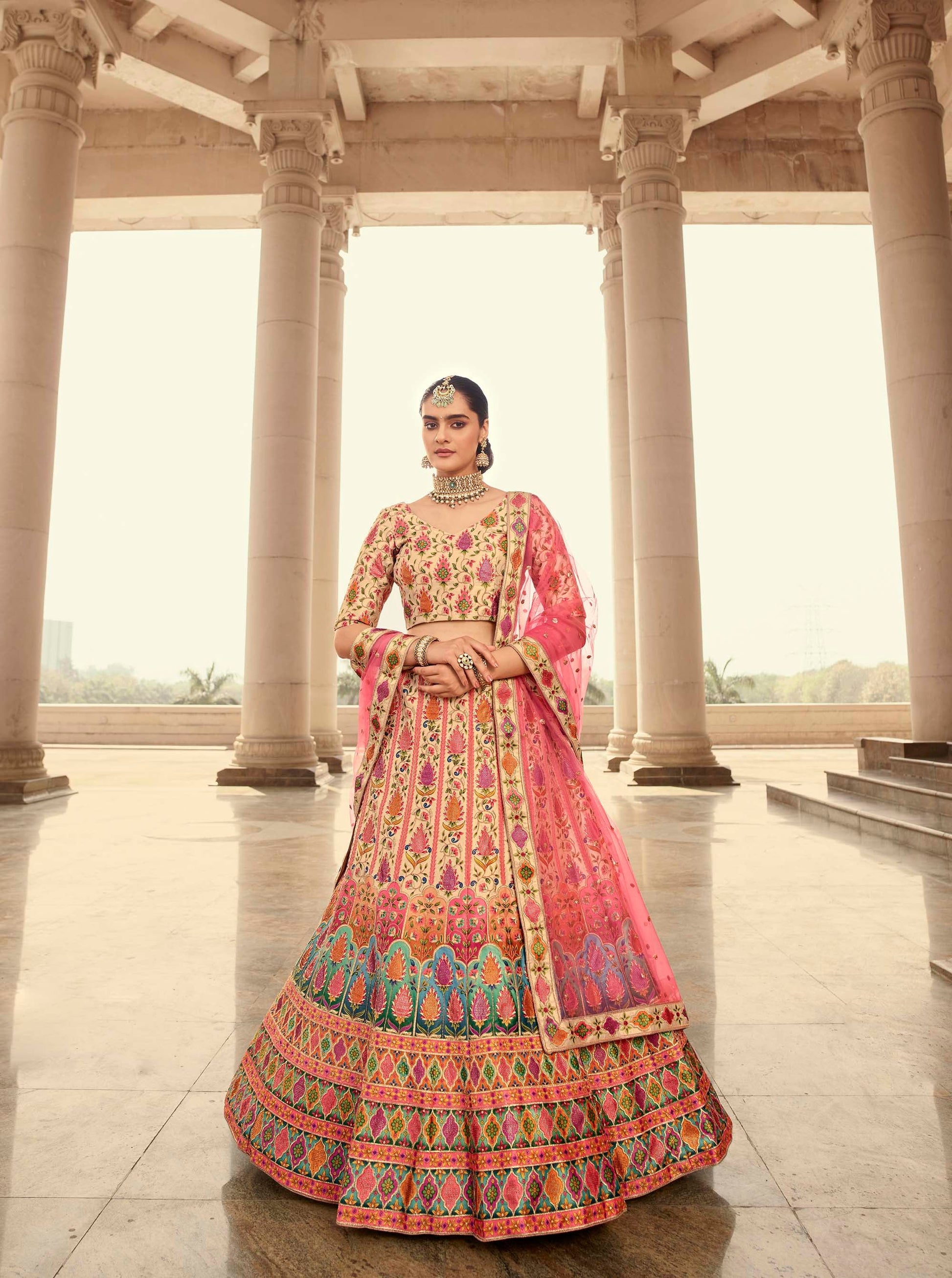 Beige and Pink Art Silk Printed Lehenga for Bridesmaid 2031