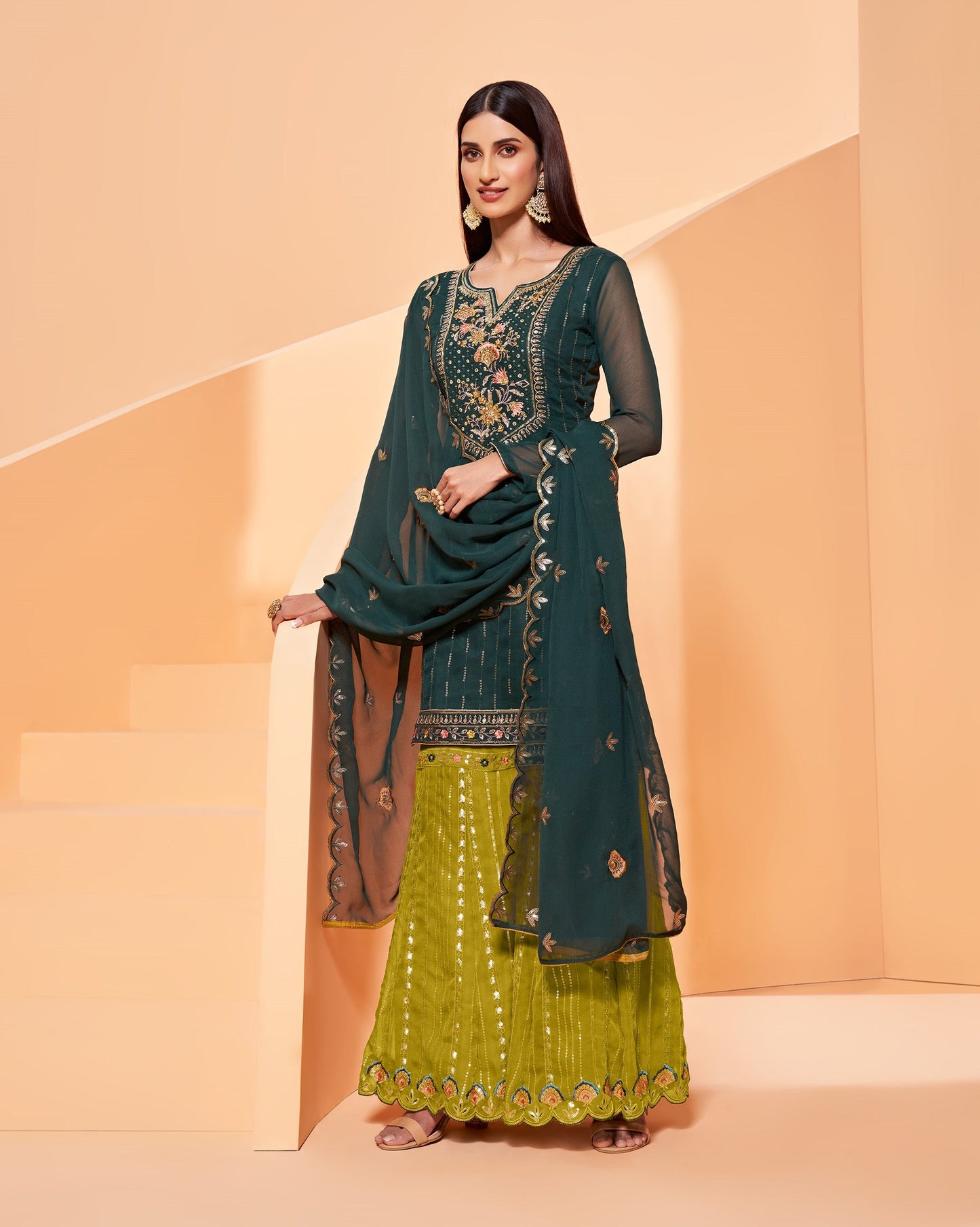 Dark Green Thread Embroidery Georgette Sharara for Mehendi