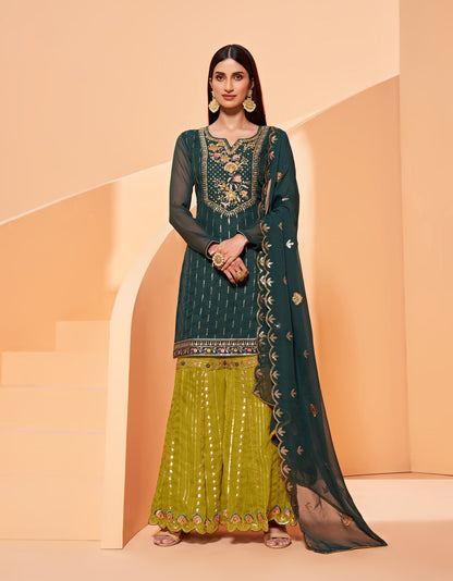 Dark Green Thread Embroidery Georgette Sharara for Mehendi