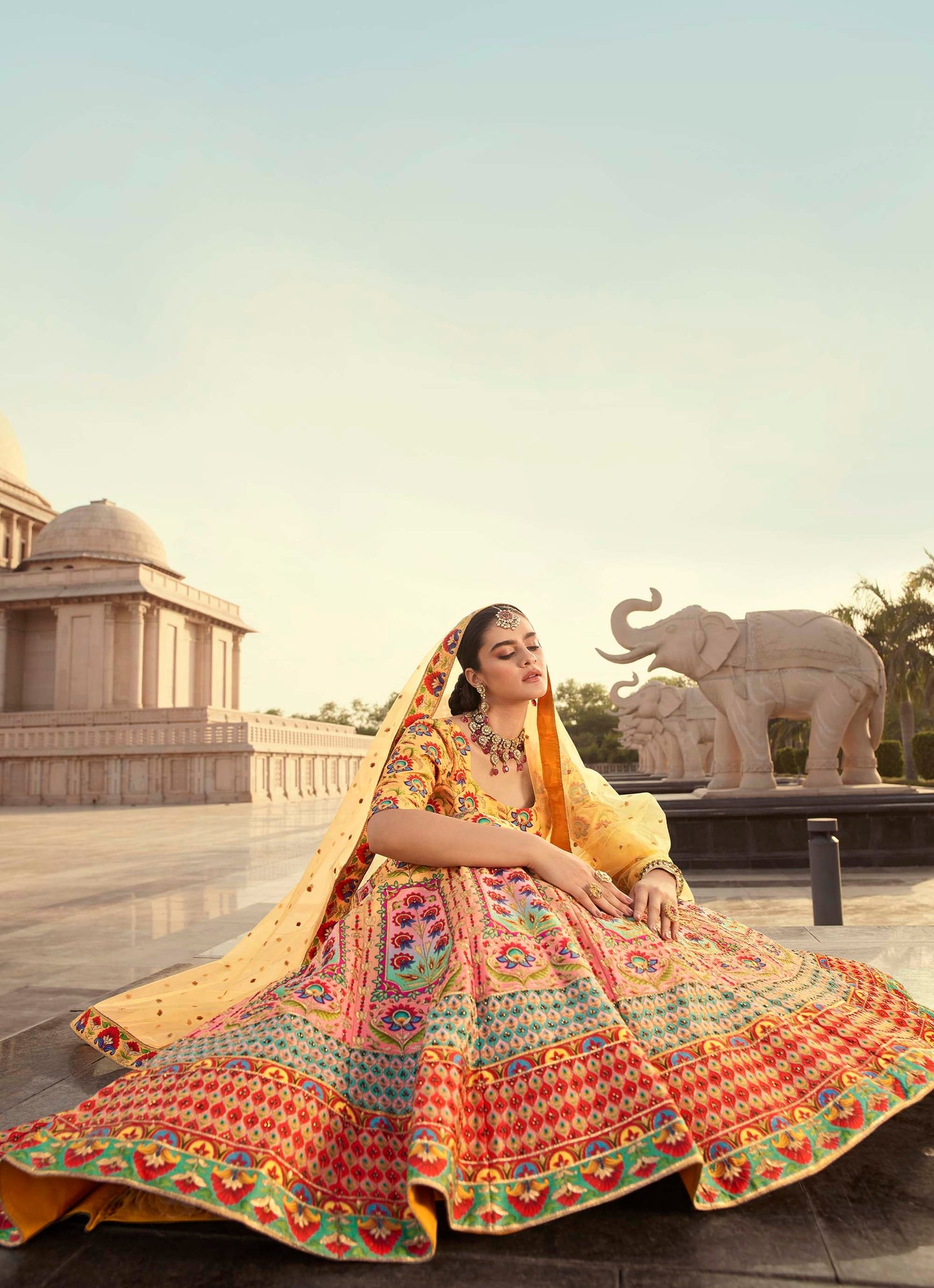 Digital Printed Yellow Art Silk Lehenga