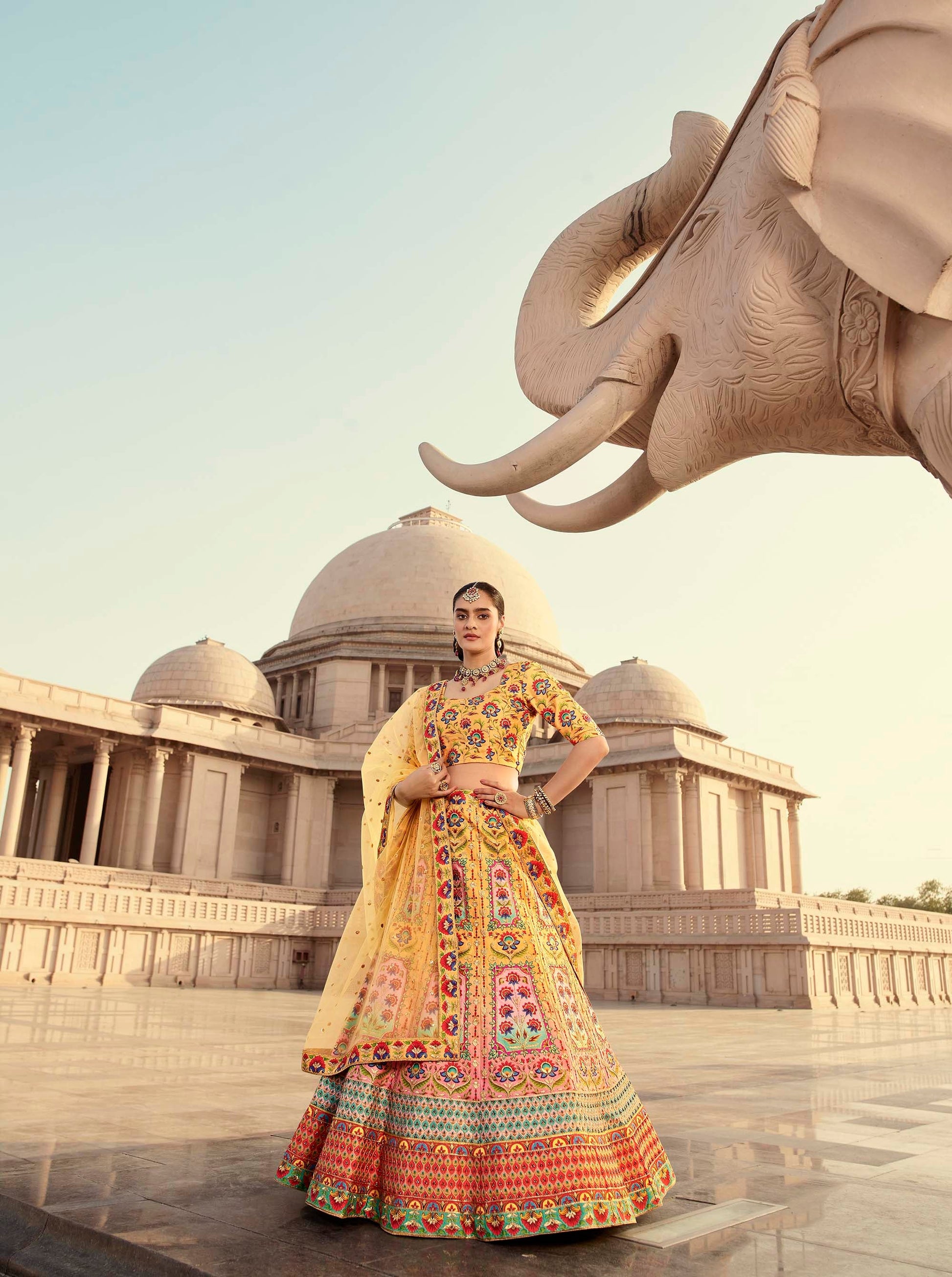 Digital Printed Yellow Art Silk Lehenga