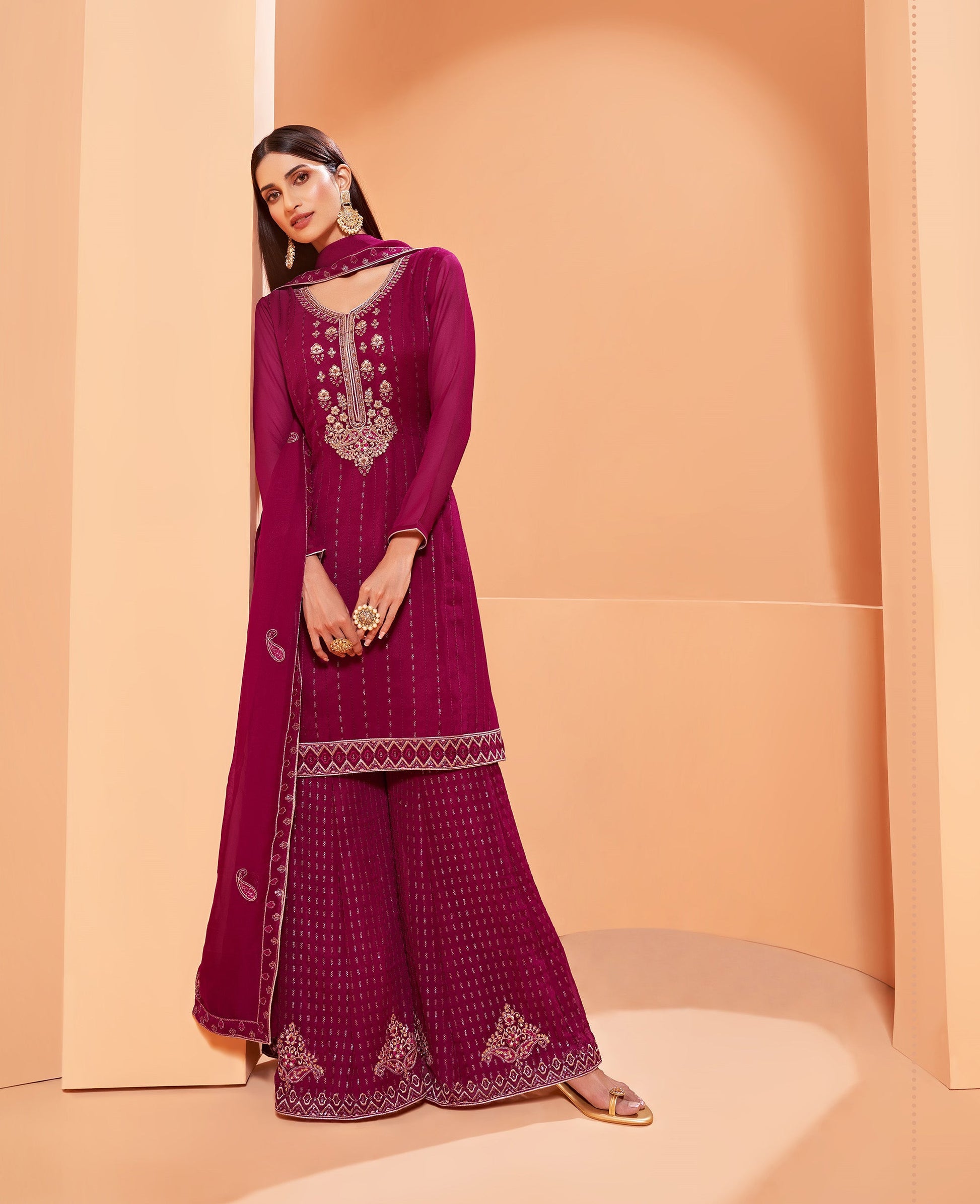 Dark Pink Thread Embroidery Georgette Sharara for Sangeet