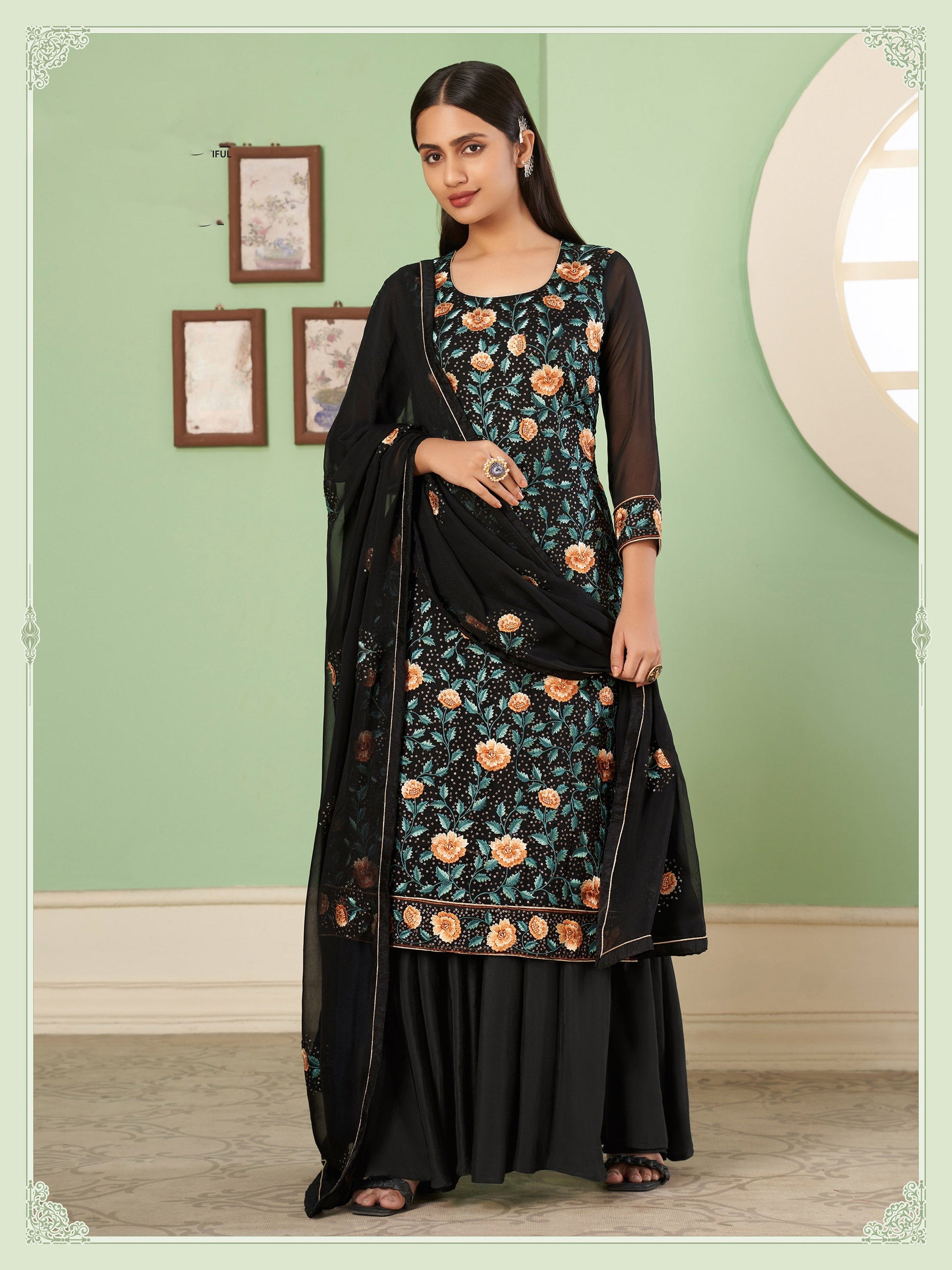 Black Thread Embroidered Straight Cut Sangeet Sharara