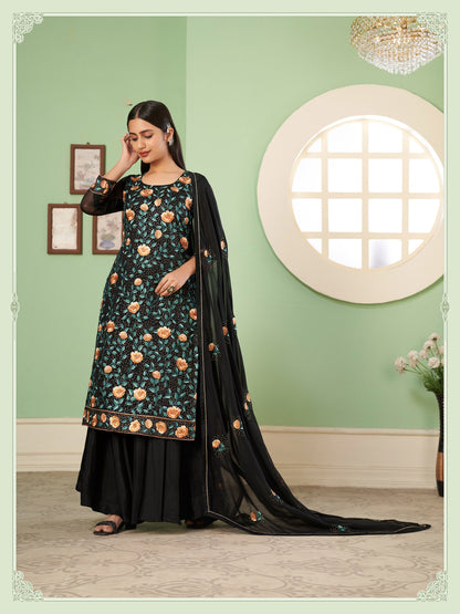 Black Thread Embroidered Straight Cut Sangeet Sharara