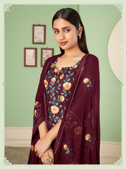 Maroon Thread Embroidered Straight Cut Sangeet Sharara