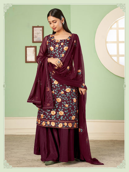 Maroon Thread Embroidered Straight Cut Sangeet Sharara