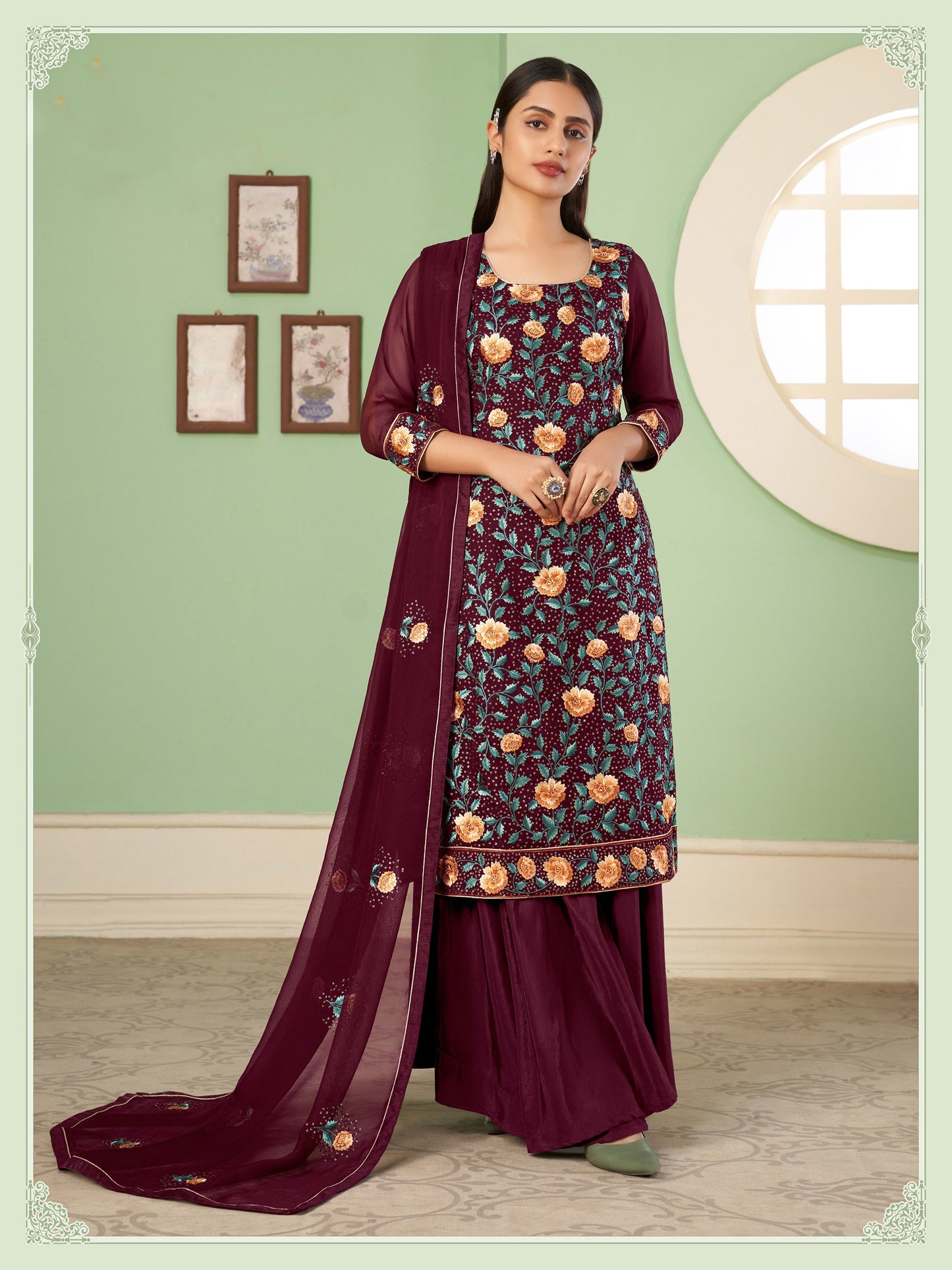 Maroon Thread Embroidered Straight Cut Sangeet Sharara