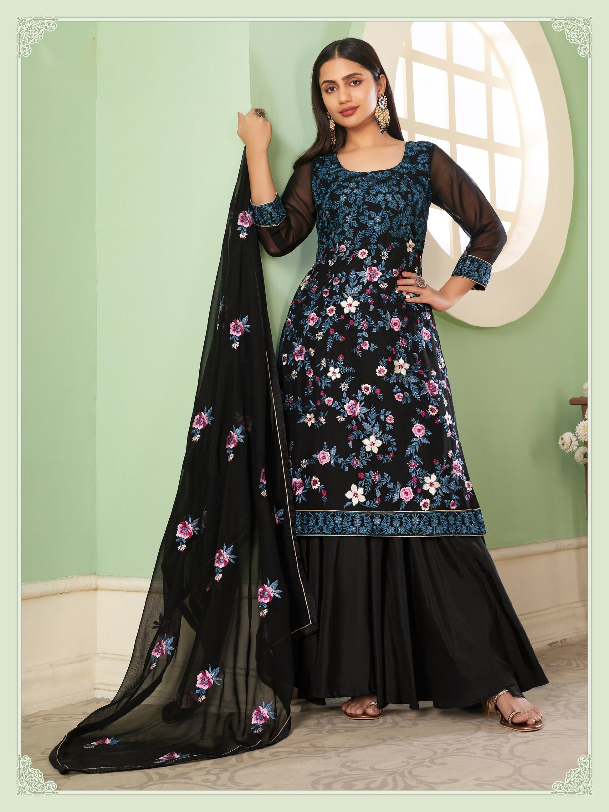 Black Sangeet Sharara with Blue Thread Embroidered Straight Cut