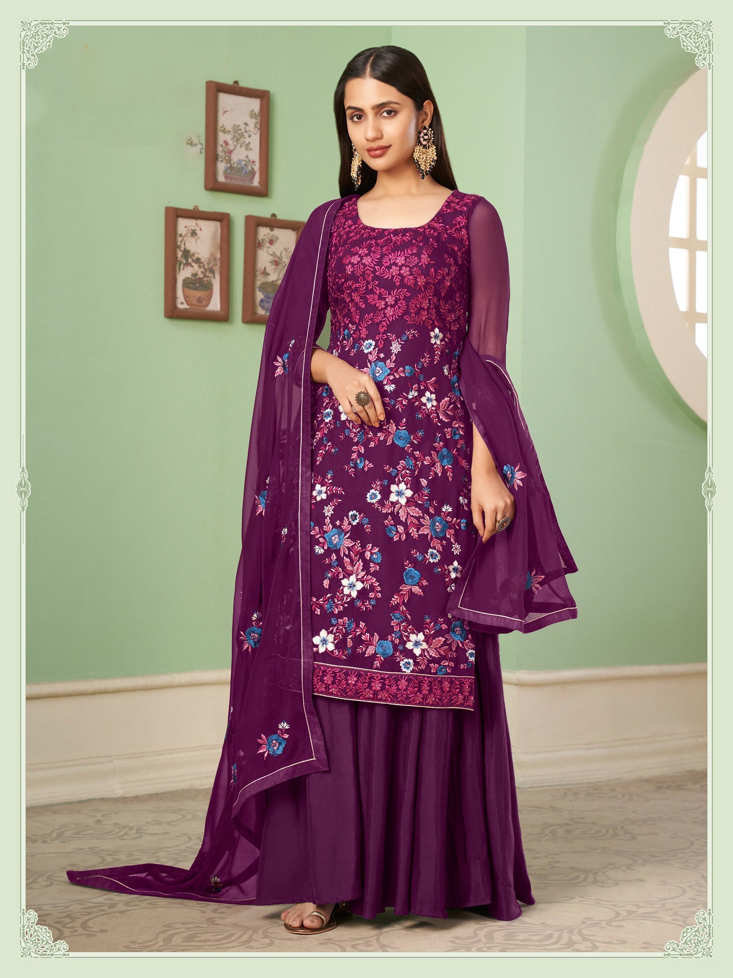 Purple Thread Embroidered Straight Cut Sangeet Sharara