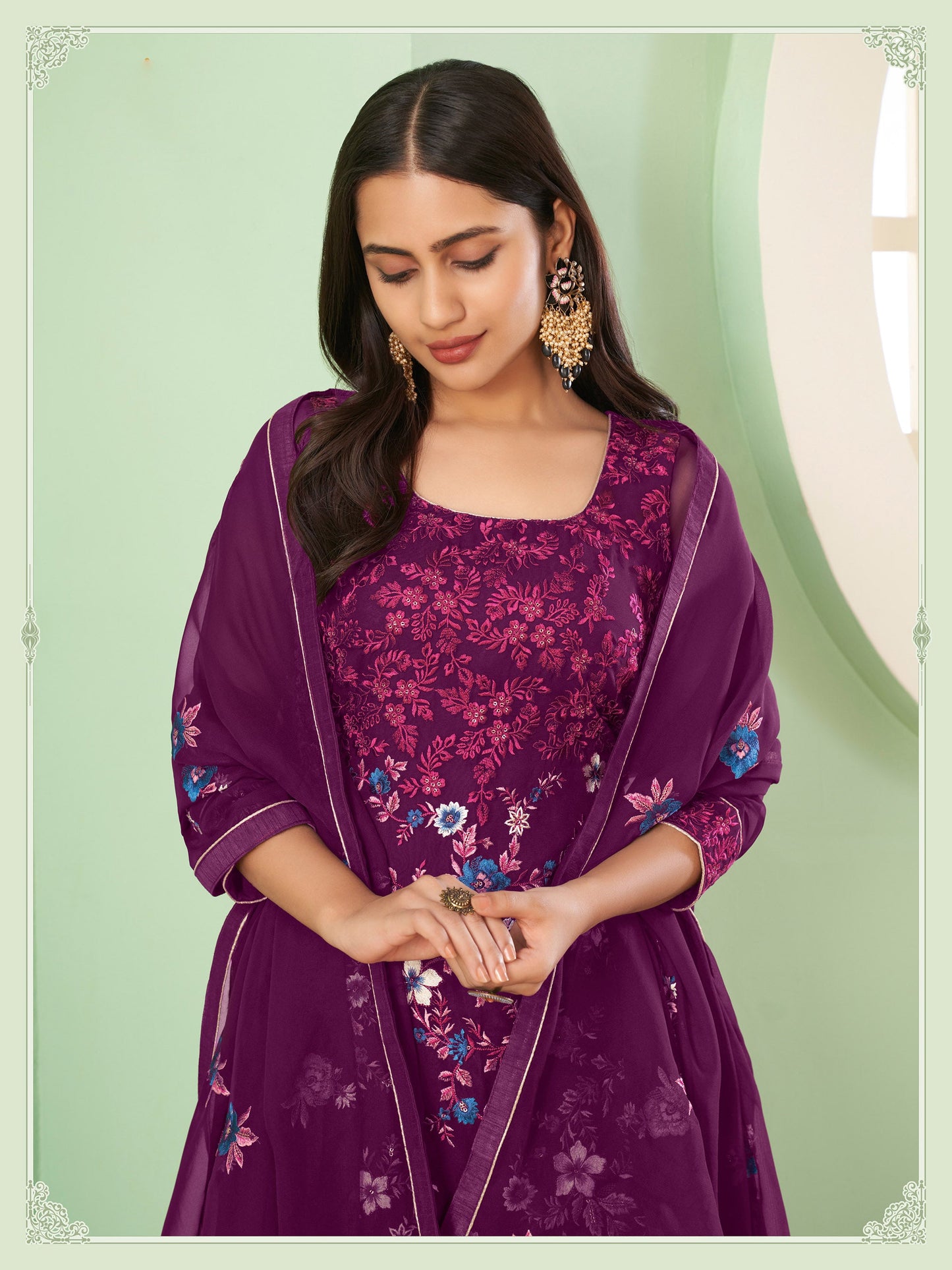 Purple Thread Embroidered Straight Cut Sangeet Sharara