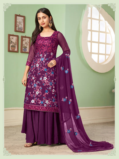 Purple Thread Embroidered Straight Cut Sangeet Sharara