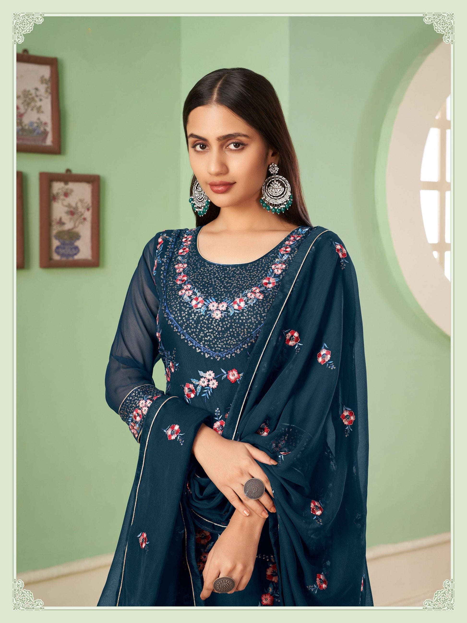 Blue Sangeet Sharara Floral Embroidered Straight Cut