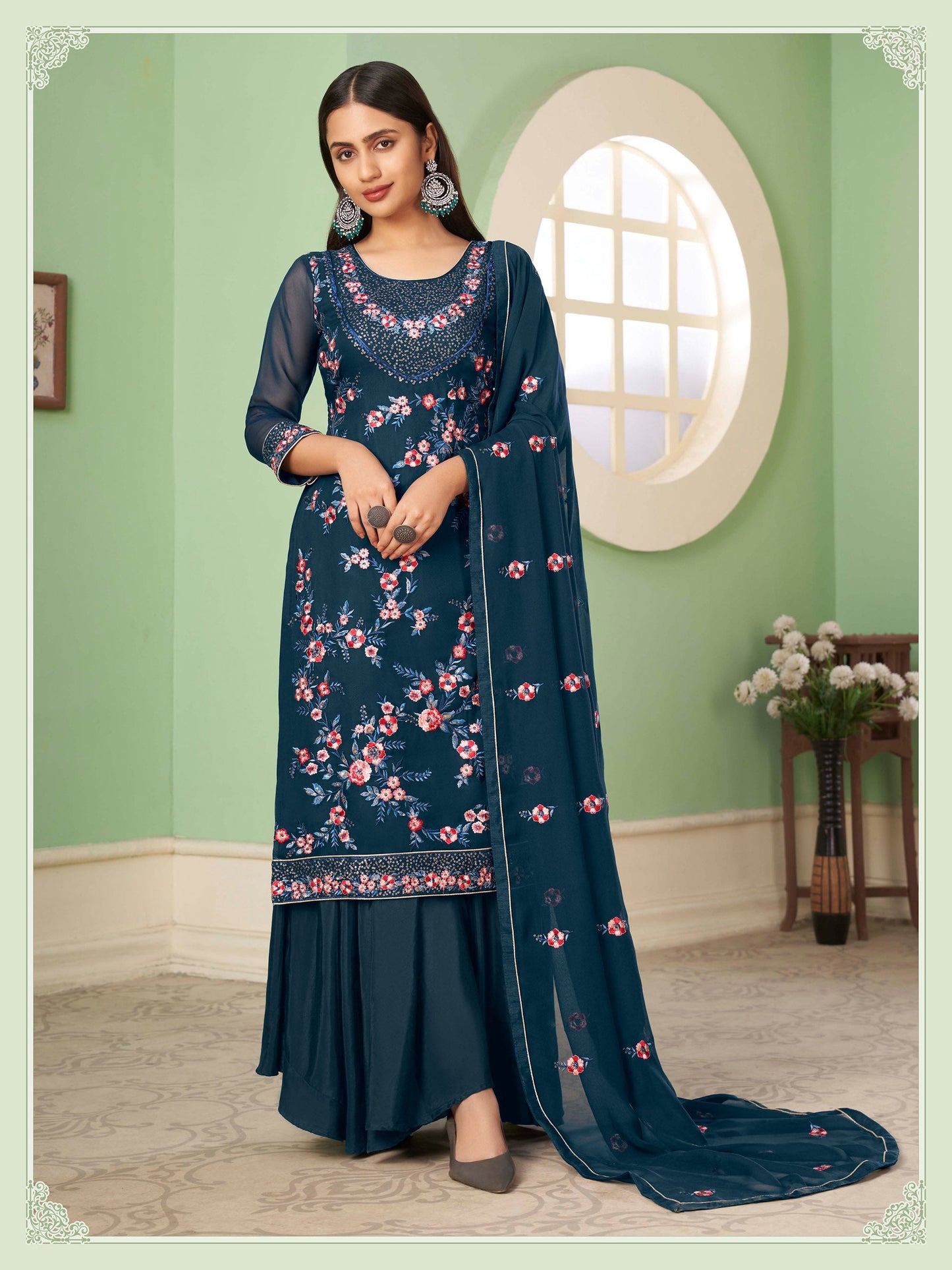 Blue Sangeet Sharara Floral Embroidered Straight Cut