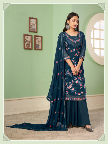 Blue Sangeet Sharara Floral Embroidered Straight Cut