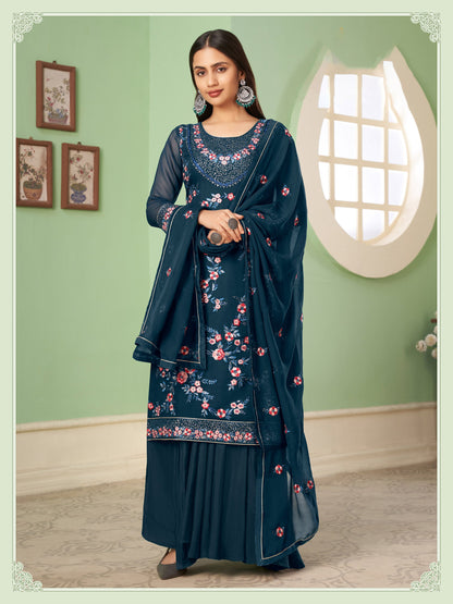 Blue Sangeet Sharara Floral Embroidered Straight Cut