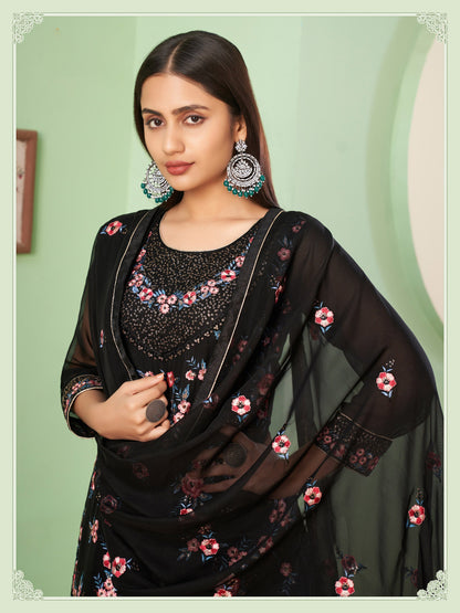 Black Sangeet Sharara Floral Embroidered Straight Cut