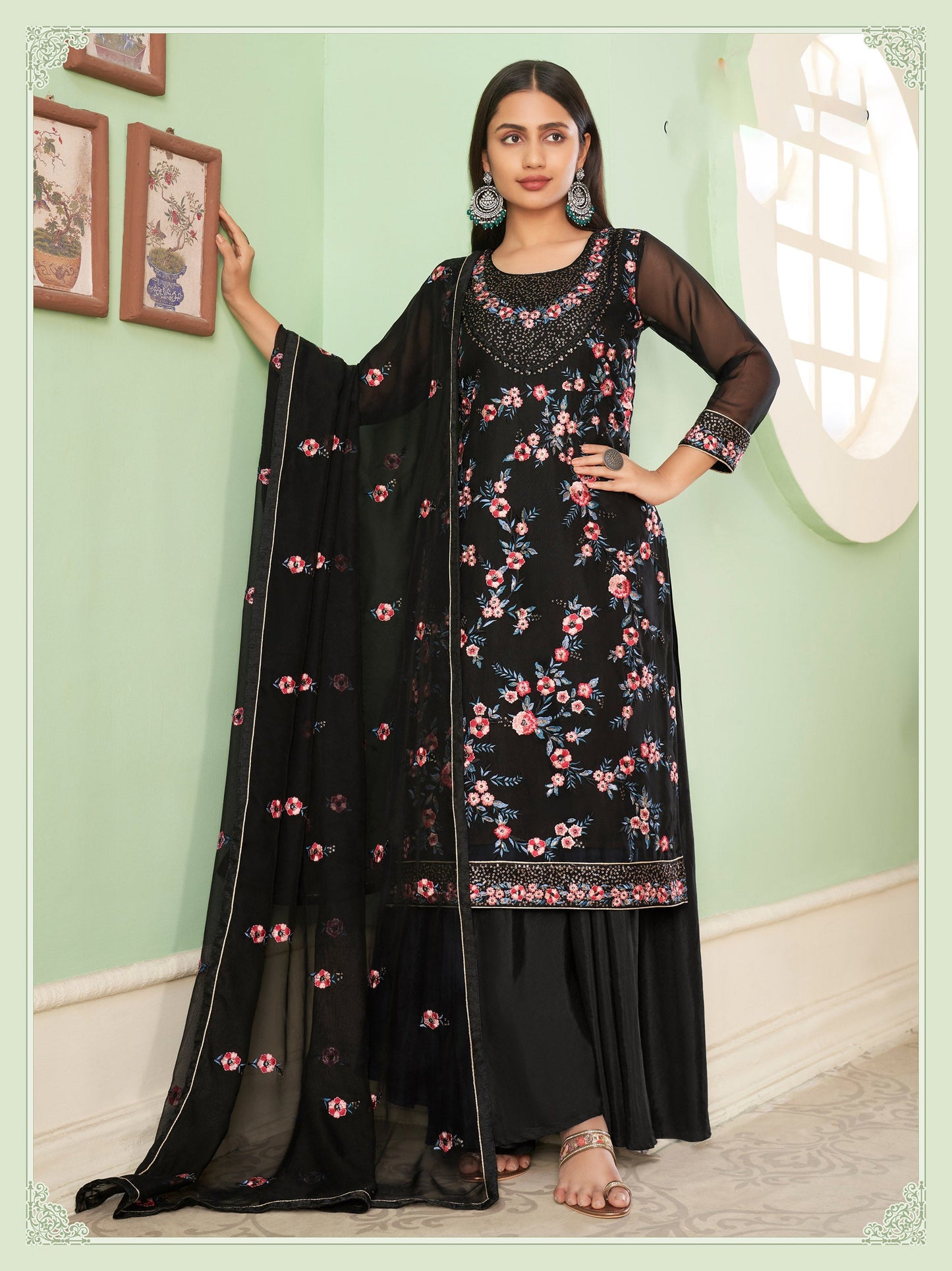 Black Sangeet Sharara Floral Embroidered Straight Cut