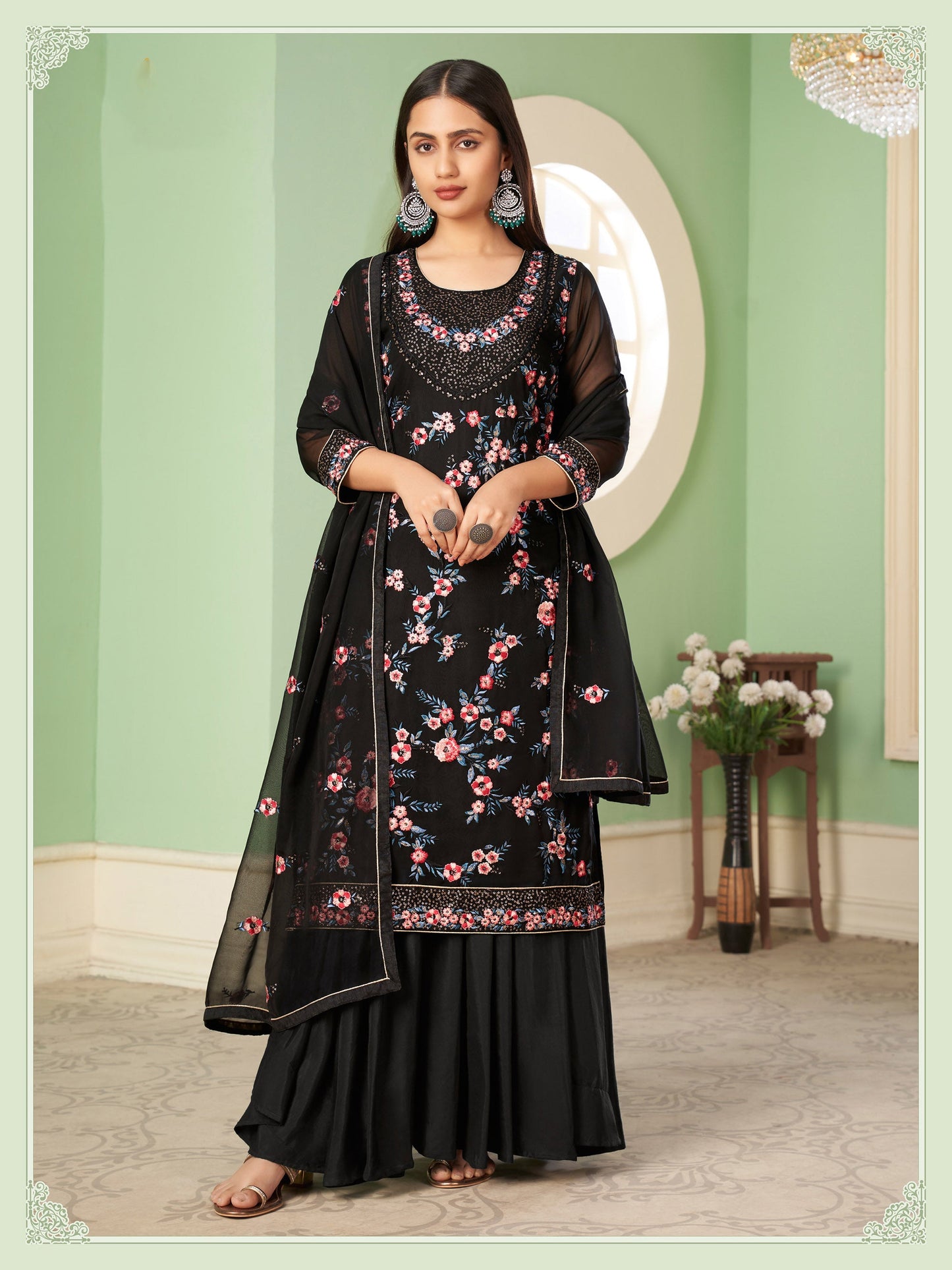 Black Sangeet Sharara Floral Embroidered Straight Cut