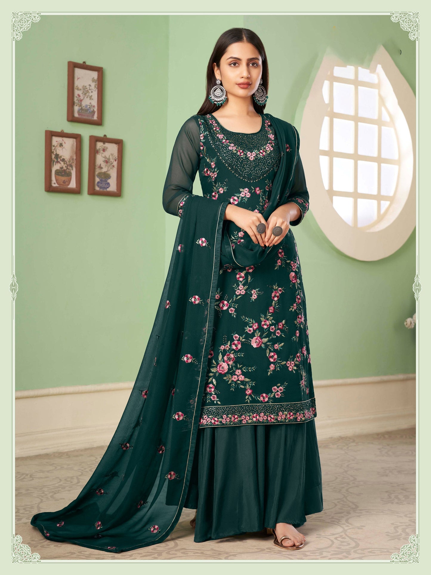 Green Sangeet Sharara Floral Embroidered Straight Cut